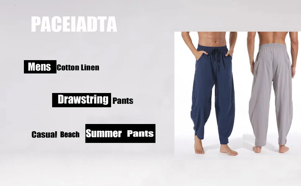 PACEIADTA Mens Cotton Linen Drawstring Pants Elastic Waist Casual Summer Beach Yoga Pants Medium Black - men linen pants