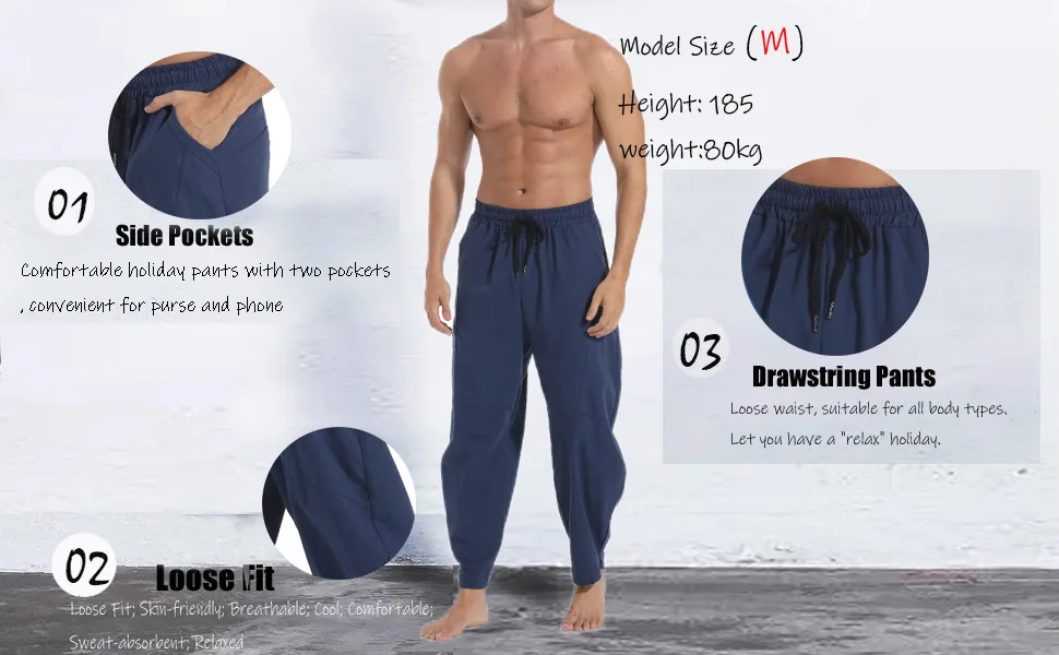 PACEIADTA Mens Cotton Linen Drawstring Pants Elastic Waist Casual Summer Beach Yoga Pants Medium Black - men summer pants
