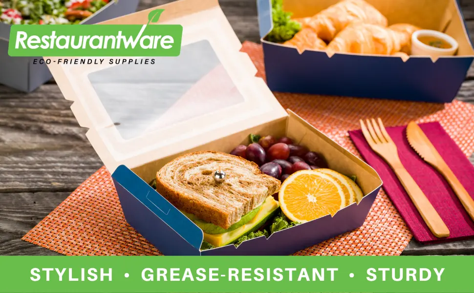 Small Sandwich Wedge Box, Sandwich Take Out Box - 4.8 Inch Triangle Sandwich Box with Window - Brown - 25ct Box - Restaurantware - These blue take out boxes are stylish and sturdy. Small and large paper to go boxes available.