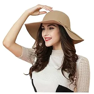 ASSQI Women's 100% Wool Foldable Wide Brim Retro Fedora Floppy Felt Bowler Hat Black - Beige