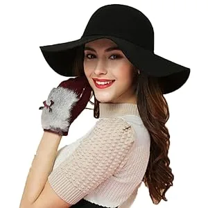 ASSQI Women's 100% Wool Foldable Wide Brim Retro Fedora Floppy Felt Bowler Hat Black - Black