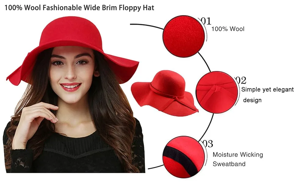 ASSQI Women's 100% Wool Foldable Wide Brim Retro Fedora Floppy Felt Bowler Hat Black - womens floppy hat red