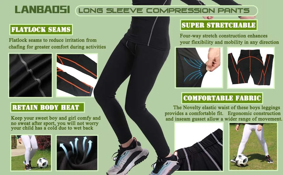 LANBAOSI Youth Boys Compression Leggings Athletic Pants Base Layer Football Workout Tight 5 Black - youth compression pants