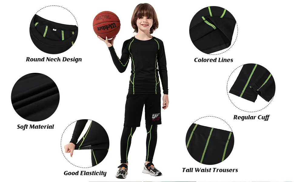 American Trends Youth Boys Long Sleeve Compression Shirts and Leggings Pants Kids Thermal Underwear Set Base Layer Black Line Set Medium - product information 6