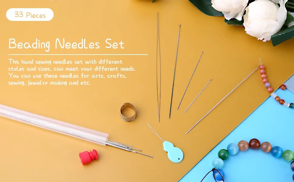 30 Pieces Beading Needles Set 5 Size 10 Pieces Big Eye Needles and 20 Pieces Long Straight Needles with Bottle for Bracelet Necklace Easy Threading - Beading Needles Set