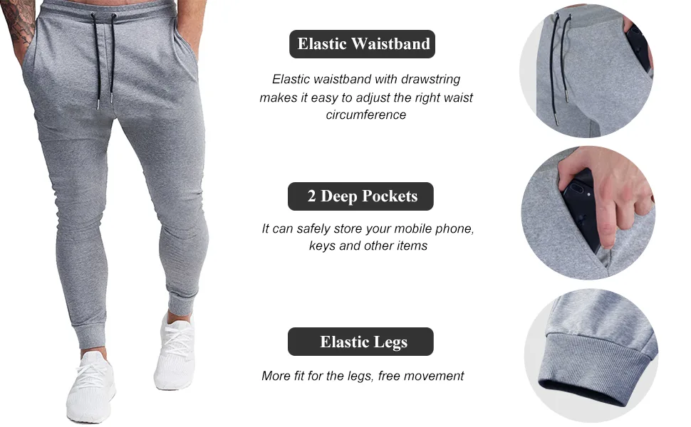 BUXKR Men's Slim Joggers Workout Pants for Gym Running and Bodybuilding Athletic Bottom Sweatpants with Deep Pockets Black Medium - Details