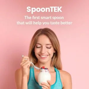 SpoonTEK - The Spoon that Elevates Taste (Beige) - woman using spoontek to eat yogurt