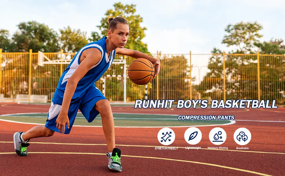 Runhit Boys Compression Leggings,Athletic Tights Basketball Compression Pants,Youth Boys Base Layer Pants Sports Legging Blue Large - boys compression leggings