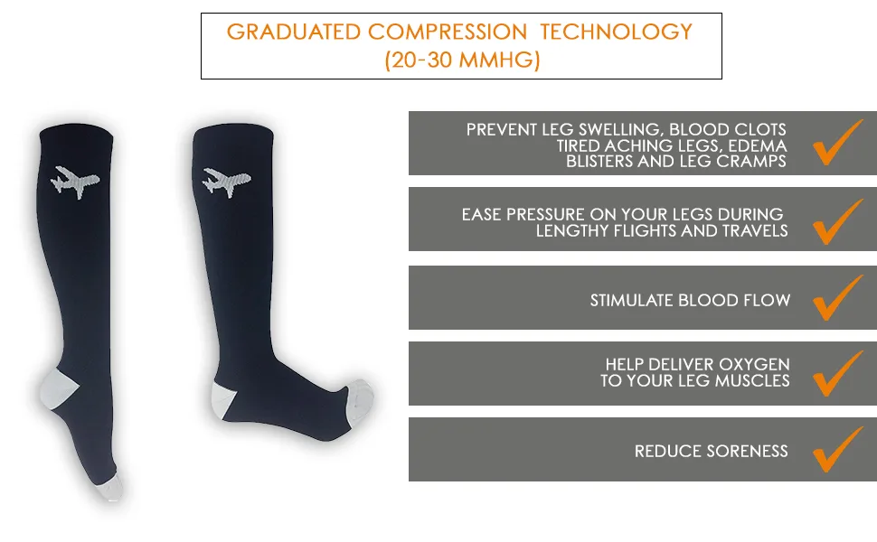 Travel Compression Socks for Women & Men, 20-30 mmHg, Graduated Compression for Flight Travel Black-grey Large - compression socks for men pro compression socks arch support socks travel accessories for men
