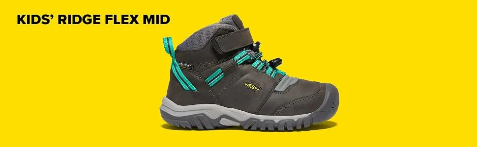 KEEN Unisex-Child Ridge Flex Mid Height Waterproof Leather Hiking Boots Big Kid (8-12 Years) 4 Big Kid Bison/Red Carpet - A grey mid height hiking boot for kids with teal accents and KEEN.Bellows Flex in the foretoe.