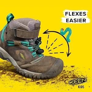 KEEN Unisex-Child Ridge Flex Mid Height Waterproof Leather Hiking Boots Big Kid (8-12 Years) 4 Big Kid Bison/Red Carpet - A two-toned grey ridge flex hiking boots and arrows showing the toe bend with a worm cartoon.