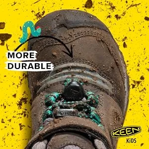 KEEN Unisex-Child Ridge Flex Mid Height Waterproof Leather Hiking Boots Big Kid (8-12 Years) 4 Big Kid Bison/Red Carpet - A two-toned grey ridge flex hiking boots and arrows showing the toe bend with a worm cartoon.