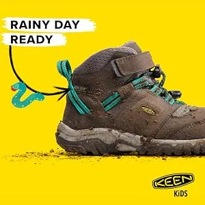 KEEN Unisex-Child Ridge Flex Mid Height Waterproof Leather Hiking Boots Big Kid (8-12 Years) 4 Big Kid Bison/Red Carpet - A two-toned grey ridge flex hiking boots and arrows showing the toe bend with a worm cartoon.