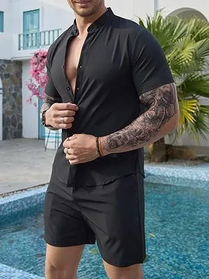 Uni Clau Mens Short Sets 2 Piece Outfits Summer Button Down Shirt and Shorts Set Beach Tracksuit White Medium - men shirt