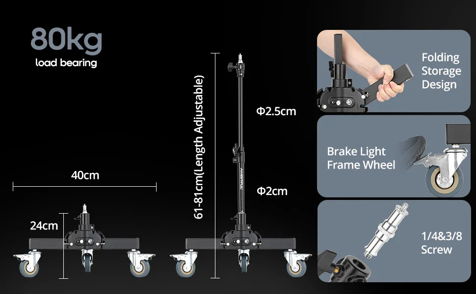 AMBITFUL 61-81cm/21-31.9" Profession Removable Very Sturdy Folding Floor Light Stand and Wheels for Studio Flash LED Light - product information 2