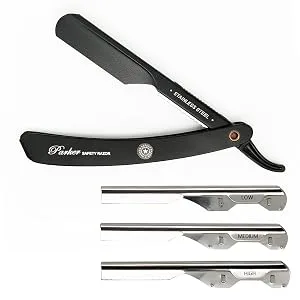 Parker Safety Razor, ADJUSTABLE Stainless Steel Black Handle Straight Barber Razor - Customize your Shave with 3 Different Blade Inserts - 5 Parker Razor Blades Included - PTABK