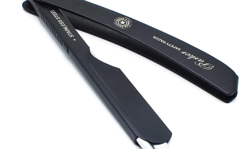Parker Safety Razor, ADJUSTABLE Stainless Steel Black Handle Straight Barber Razor - Customize your Shave with 3 Different Blade Inserts - 5 Parker Razor Blades Included - PTABK