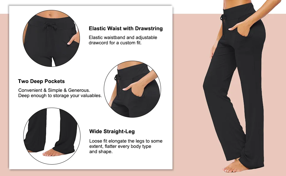 Womens Yoga Pants with Pockets Straight-Leg Loose Comfy Modal Drawstring Lounge Running Long Active Casual Sweatpants Black X-Large - product information 18