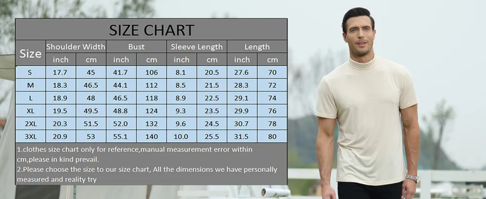 Casual Mens Mock Turtleneck Short Sleeve Pullover Slim Fit Basic T-Shirts Tops Black Small - size chart