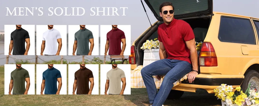 Casual Mens Mock Turtleneck Short Sleeve Pullover Slim Fit Basic T-Shirts Tops Black Small - solid color shirts
