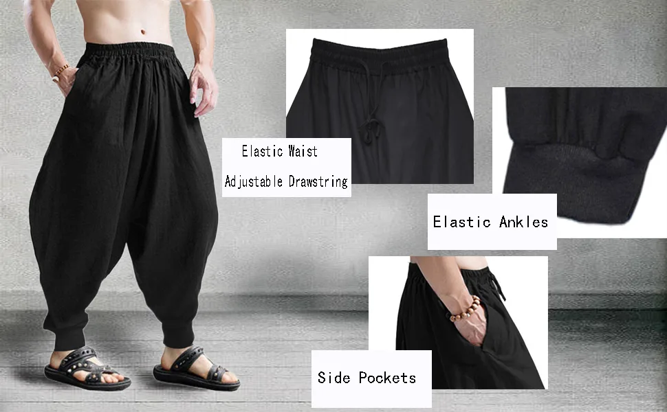 CLANMILUMS Men's Casual Harem Pants Baggy Boho Hippie Drop Crotch Trousers Medium Navy - men harem pants