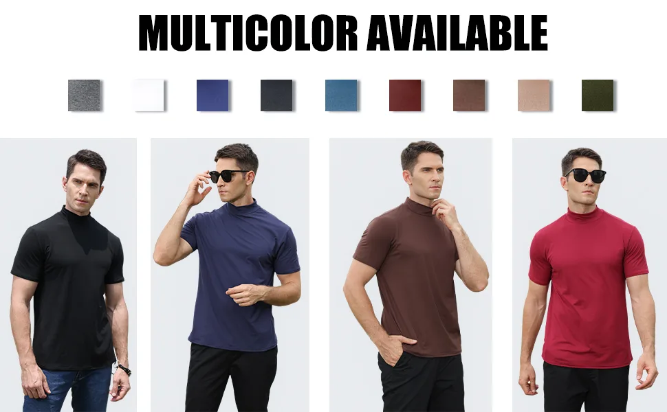 Mens T Shirt Short Sleeve Basic Mock Turtleneck Slim Fit Undershirt Pullover Thermal Solid Tops Large Black - multiple colors available