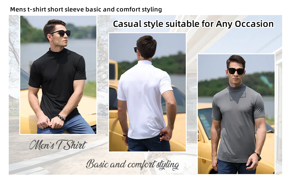 Mens T Shirt Short Sleeve Basic Mock Turtleneck Slim Fit Undershirt Pullover Thermal Solid Tops Large Black - multiple colors available