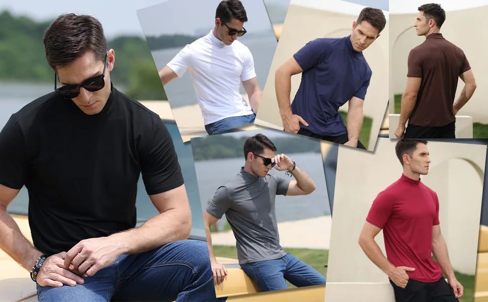Mens T Shirt Short Sleeve Basic Mock Turtleneck Slim Fit Undershirt Pullover Thermal Solid Tops Large Black - various colors to choose