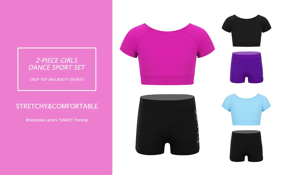 YiZYiF Kids Girls Basic 2 Piece Active Outfit Crop Top and Shorts Set for Gymnastics/Dancing/Workout Black&rose 5-6 - YiZYiF