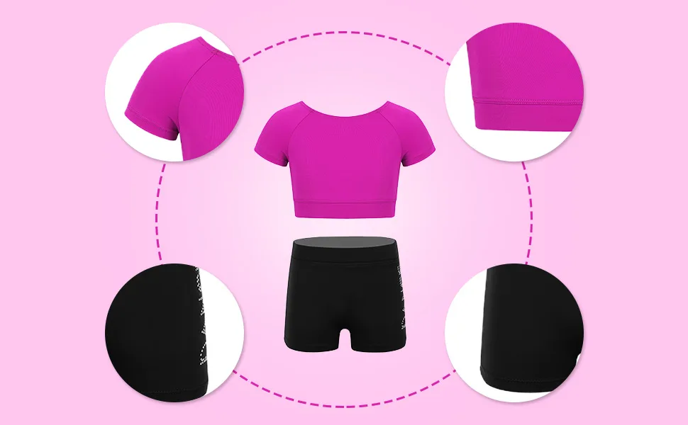 YiZYiF Kids Girls Basic 2 Piece Active Outfit Crop Top and Shorts Set for Gymnastics/Dancing/Workout Black&rose 5-6 - YiZYiF