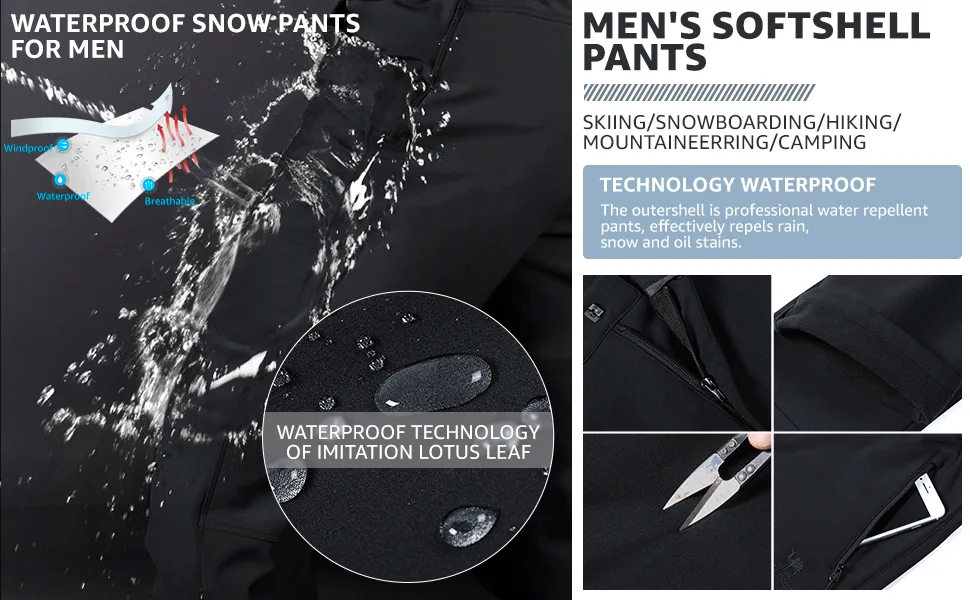 CAMEL CROWN Men's Winter Snow Pants Waterproof Warm Fleece Lined Insulated Softshell Pants with Multi-Pockets Black XX-Large - product information 5