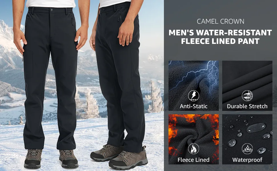 CAMEL CROWN Men's Winter Snow Pants Waterproof Warm Fleece Lined Insulated Softshell Pants with Multi-Pockets Black XX-Large - product information 6