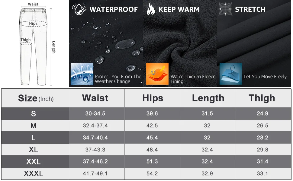 CAMEL CROWN Men's Winter Snow Pants Waterproof Warm Fleece Lined Insulated Softshell Pants with Multi-Pockets Black XX-Large - product information 7