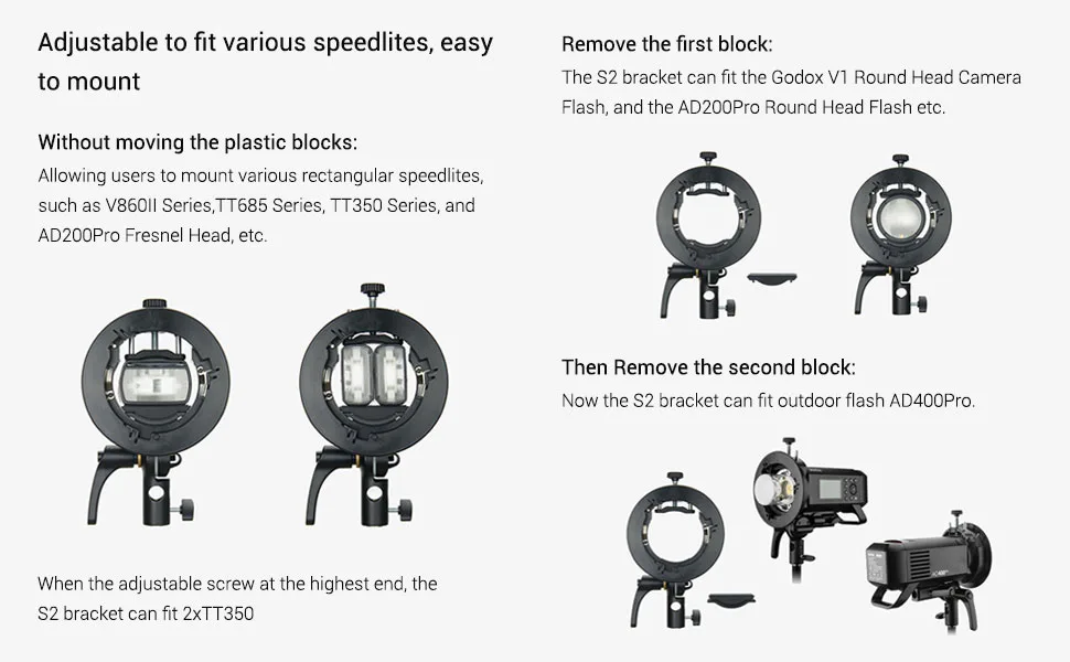 Godox S2 Speedlite Bracket for Godox AD200Pro, AD200, AD400Pro, for V1 Round Head Speedlite, V860II / TT685 / TT350 Series, S-Type Bracket Updated Version Bowens Mount Holder - product information 3