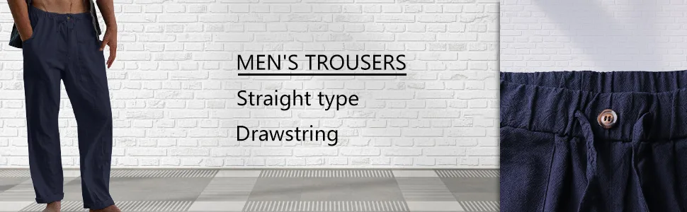 LVCBL Men's Casual Linen Pants Elastic Waist Drawstring Cotton Trousers White X-Large - cotton linen drawstring pants men