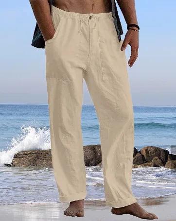 LVCBL Men's Casual Linen Pants Elastic Waist Drawstring Cotton Trousers White X-Large - linen pants men