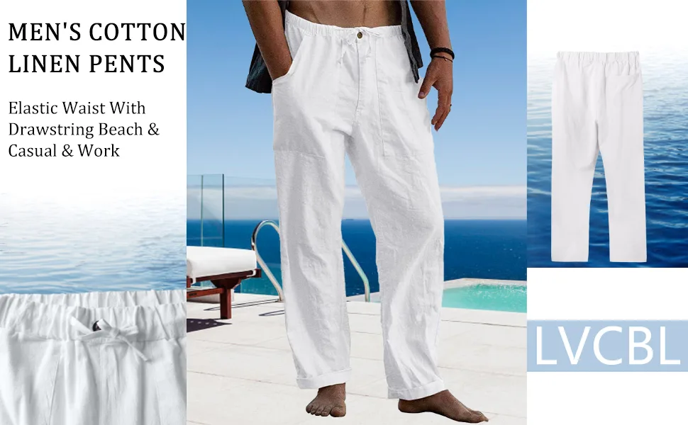 LVCBL Men's Casual Linen Pants Elastic Waist Drawstring Cotton Trousers White X-Large - linen pants men