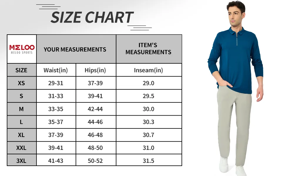 MELOO Men's Golf Dress Pants - Stretch Slim Fit Slacks Water Resistant Work Casual Trousers Pockets Light Grey Large - size chart