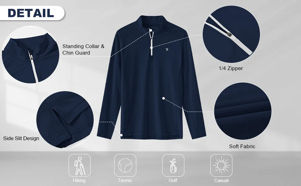 BGOWATU Men's Quarter Zip Pullover Long Sleeve Polo Shirts UPF 50 Quick Dry Golf Shirt White Large - DETAIL