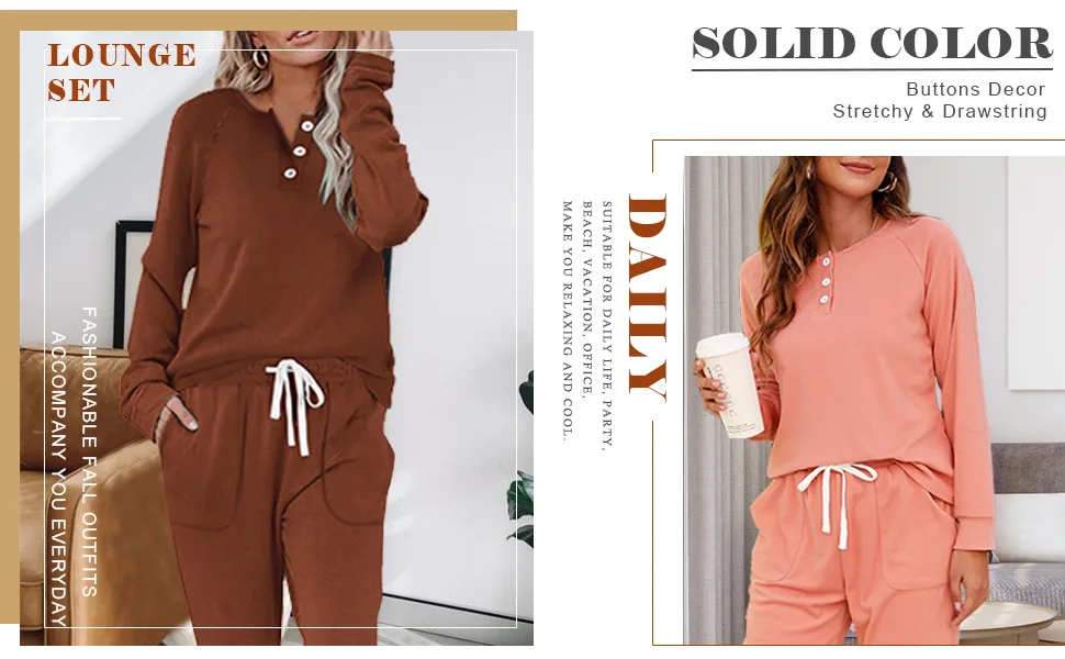 WIHOLL Two Piece Outfits for Women Lounge Sets Button Down Sweatshirt Sweatpants Sweatsuits Set with Pockets Medium Long Sleeve - Black - Womens Sweatsuit Set