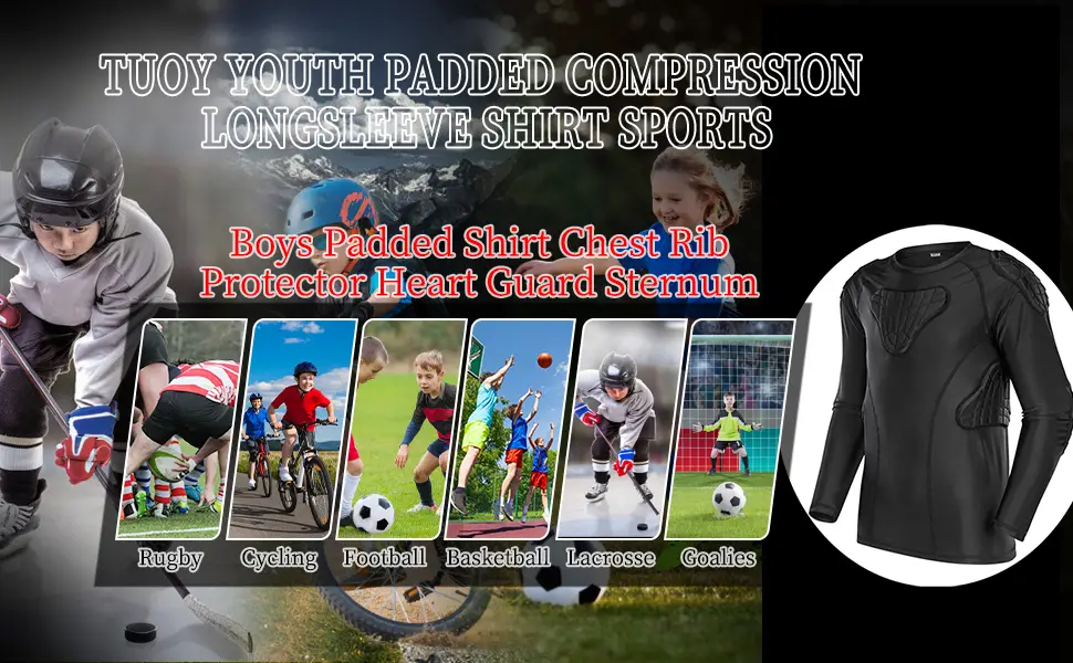 TUOY Youth Boys Padded Compression Shirts Rib Chest Protector Shirt Long Sleeve Shirt YL(Chest:28.5-30.5") - BANNER