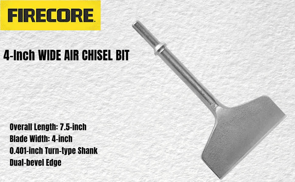 Firecore 4-inch Wide Air Chisel Bit, 0.401 Inch Shank Tile & Thinset Scaling Chisel Thinset Scraper Wall and Floor Scraper Tile Remover Work with Air Chisel Hammer (4" X 7.5") 4-inch Air Chisel - Firecore 4-inch Wide Air Chisel Bit