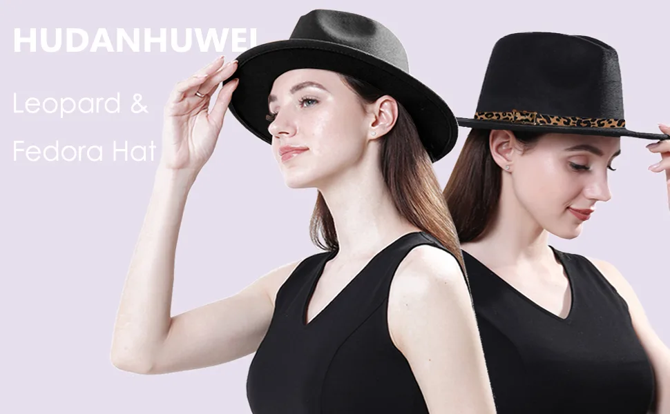 HUDANHUWEI Women's Wide Brim Felt Fedora Panama Hat with Leopard Belt Buckle White - VIM0173