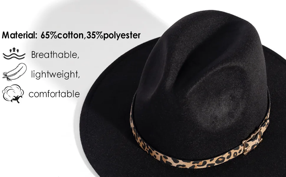 HUDANHUWEI Women's Wide Brim Felt Fedora Panama Hat with Leopard Belt Buckle White - VIM0173
