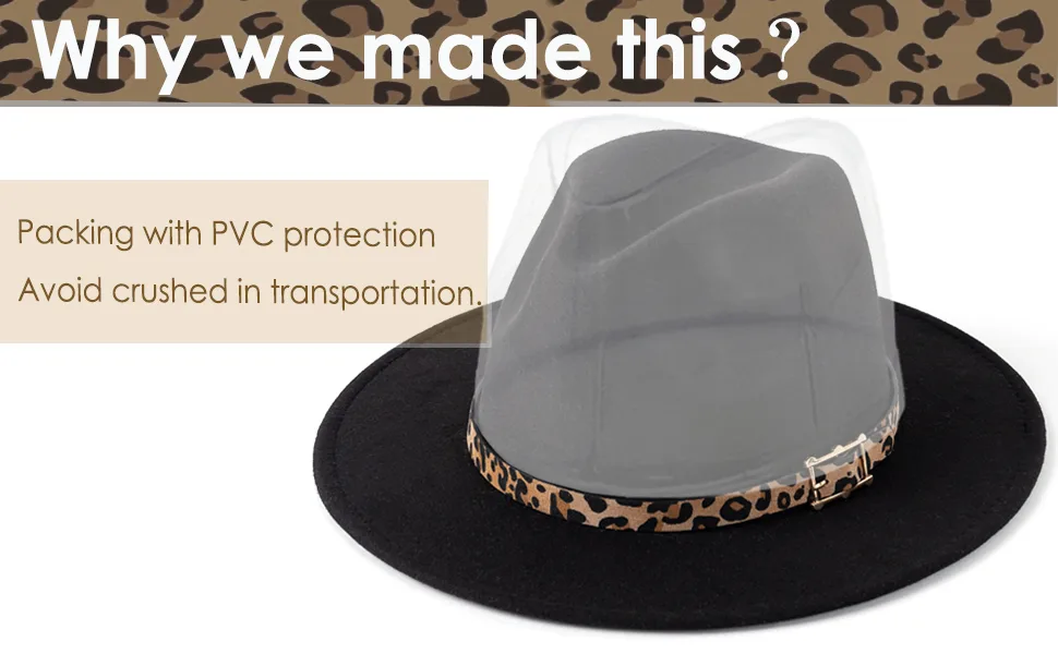 HUDANHUWEI Women's Wide Brim Felt Fedora Panama Hat with Leopard Belt Buckle White - VIM0173