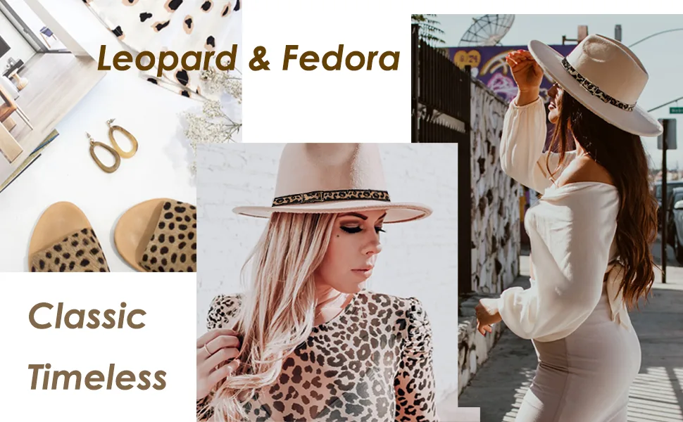HUDANHUWEI Women's Wide Brim Felt Fedora Panama Hat with Leopard Belt Buckle White - VIM0173