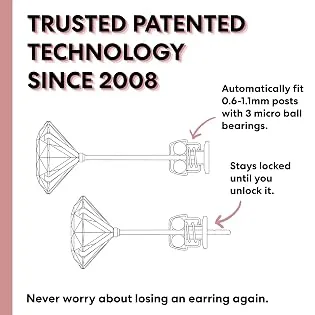 Most Secure Earring Back by Chrysmela Platinum Patented technology automatically fit and lock all types of earring posts Replace screw backs, La Pousset, butterfly backs - Secure Locking Technology Patented in 5 countries