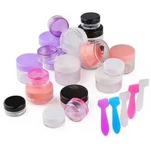 Accmor 15 Pieces Empty Clear Plastic Sample Containers with Lids 10/15/ 20 Gram Size Cosmetic Pots Jars with 5 Pieces Mini Spatulas Multi-colored - product information 6