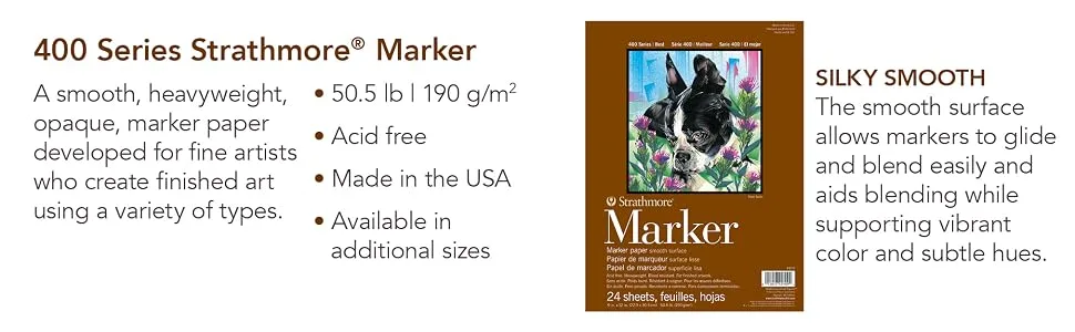 400 Series Marker Pad, 18"x24" Glue Bound, 15 Sheets per Pad 18x24 - Smooth, heavyweight paper, markers blend easily, supports vibrant color and subtle hues. Pen and ink