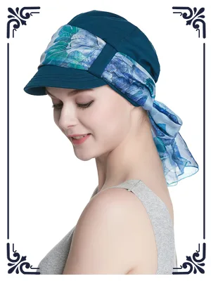 Breathable Bamboo Lined Cotton Hat and Scarf Set for Women Blue Floral - Chemo Cap